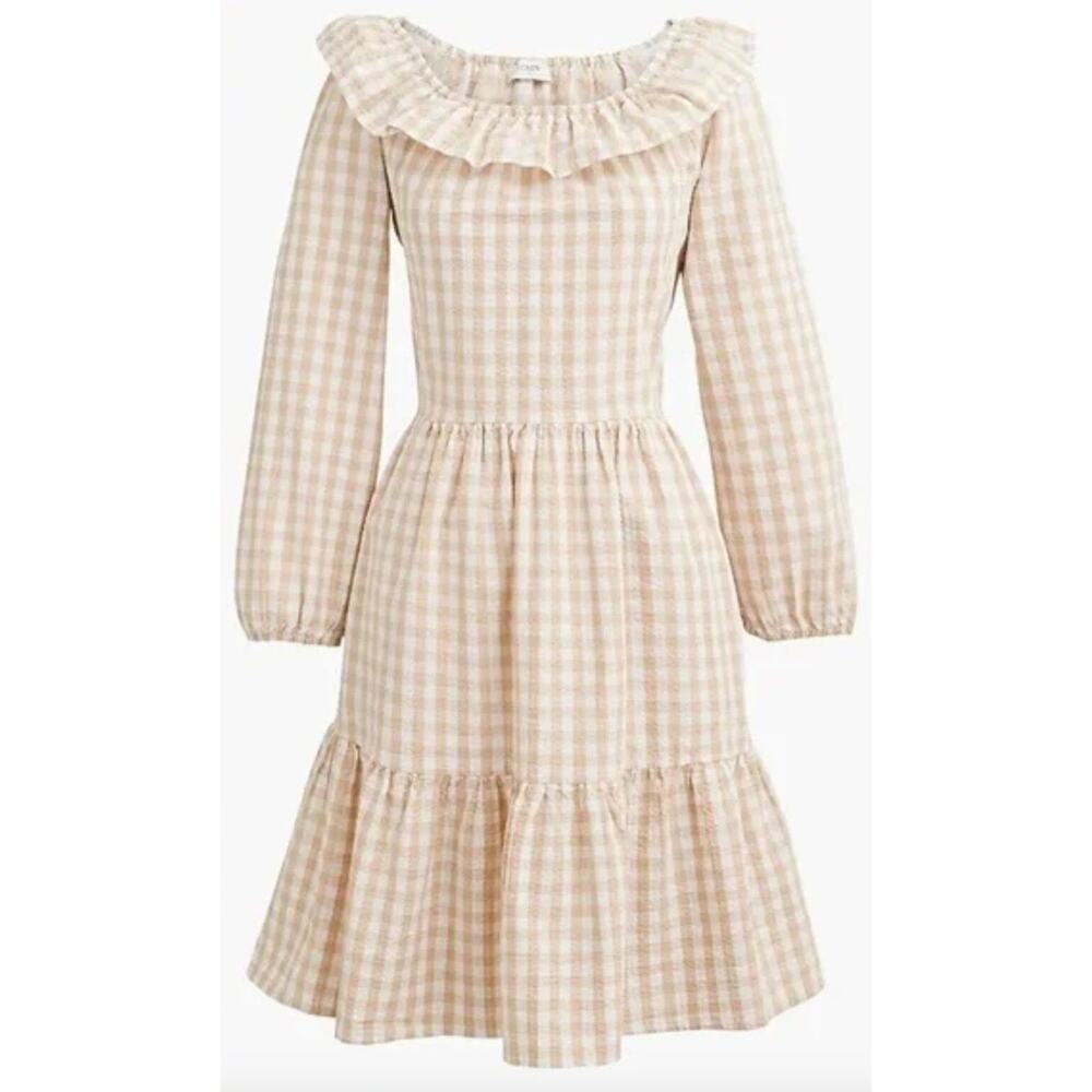 J.Crew Seersucker Ruffleneck Mini Dress Gingham Beige Cottagecore US 8 NWT
